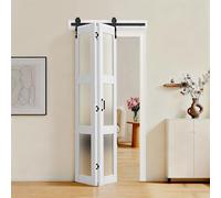 VEVOR Puerta Corredera Plegable Estilo Granero de 914 x 2134 mm, Fabricada en MDF y Vidrio Templado, con Juego de Herrajes, Diseño Compacto, Paneles Premontados para Dormitorio y Salón, Blanco