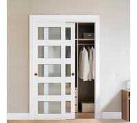 VEVOR Puerta Corrediza de Armario, para Huecos de 1219 x 2032 mm, Puerta Doble de 5 Paneles de Vidrio Esmerilado con Kit de Herrajes, Madera Maciza y MDF, Superficie de PVC Impermeable, Blanco