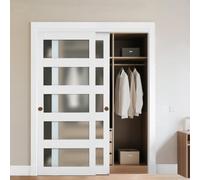VEVOR Puerta Corrediza de Armario, para Huecos de 1524 x 2032 mm, Puerta Doble de 5 Paneles de Vidrio Esmerilado con Kit de Herrajes, Madera Maciza y MDF, Superficie de PVC Impermeable, Blanco