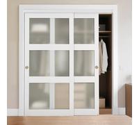 VEVOR Puerta Corrediza de Armario, para Huecos de 1829 x 2032 mm, Puerta Doble de 3 Paneles de Vidrio Esmerilado con Kit de Herrajes, Madera Maciza y MDF, Superficie de PVC Impermeable, Blanco