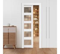 VEVOR Puerta Corrediza de Bolsillo, 2035 x 765 x 35 mm, Puerta Corrediza Simple con 5 Paneles de Vidrio Esmerilado, Kit de Herrajes, Madera Maciza Resistente y MDF, para Cocina, Oficina, Blanco
