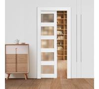 VEVOR Puerta Corrediza de Bolsillo, 2035 x 915 x 35 mm, Puerta Corrediza Simple con 5 Paneles de Vidrio Esmerilado, Kit de Herrajes, Madera Maciza Resistente y MDF, para Cocina, Oficina, Blanco
