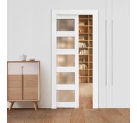 VEVOR Puerta Corrediza de Bolsillo, 2035 x 915 x 35 mm, Puerta Corrediza Simple con 5 Paneles de Vidrio Esmerilado, Kit de Herrajes, Madera Maciza Resistente y MDF, para Cocina, Oficina, Blanco