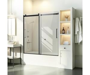 VEVOR Puerta de Ducha para Bañera de 1422-1524 x 1524 mm, Puerta de Bañera Corrediza Doble Sin Marco con Vidrio Templado irrompible de Espesor de 8 mm y Manija de Acero Inoxidable, Acabado Negro