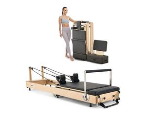 VEVOR Reformer de Pilates Plegable de Madera Máquina de Pilates para Gimnasio Equipo de Pilates Doble Resistencia Resorte y Cuerda Reformador con Caja para Sentarse Hasta 181,4kg, 238 x 68 x 57 cm