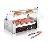 VEVOR - Rodillo para perros calientes, 7 rodillos, 18 perros calientes, capacidad de 1050 W, acero inoxidable, parrilla de salchichas con doble control de temperatura, cubierta acrílica, estante