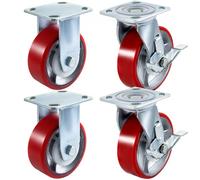VEVOR Ruedas 15 cm 4 Piezas 2 Ruedas Rígidas y 2 Ruedas Giratorias con Freno Lateral Placa con Núcleo de Hierro Poliuretano Capacidad de Carga de 450 kg por Rueda para Taller, Garaje, Almacén