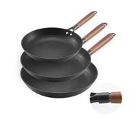VEVOR Sartén de Hierro Fundido, Juego 3 uds 205, 265 y 310 mm, Antiadherente con Mango de Madera Desmontable, Precurada, para Cocina de Gas, Eléctrica e Inducción, a Cocineros Apasionados, Negro