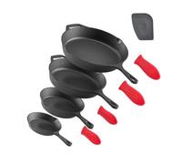VEVOR Sartén de Hierro Fundido, Juego de 4 Sartenes de 155, 205, 260 y 305 mm, con Mango de Silicona Resistente al Calor, Precurada, para Cocina, Horno, Gas, Eléctrico, Inducción, Color Negro