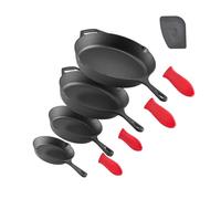 VEVOR Sartén de Hierro Fundido, Juego de 4 Sartenes de 155, 205, 260 y 305 mm, con Mango de Silicona Resistente al Calor, Precurada, para Cocina, Horno, Gas, Eléctrico, Inducción, Color Negro