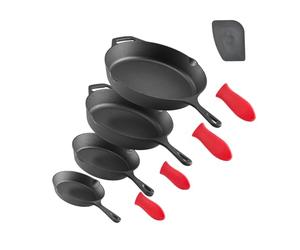 VEVOR Sartén de Hierro Fundido, Juego de 4 Sartenes de 155, 205, 260 y 305 mm, con Mango de Silicona Resistente al Calor, Precurada, para Cocina, Horno, Gas, Eléctrico, Inducción, Color Negro