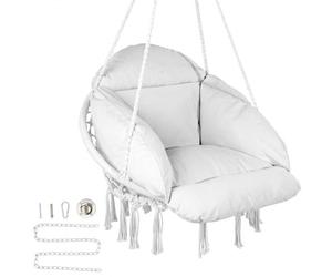 VEVOR Silla Colgante Giratoria de Macramé Carga de 120 kg con Cojín, Materiales de Montaje, Cuerda de Algodón, Silla Columpio con Flecos para Dormitorio, Terraza, Jardín, Interior, Exterior, Blanco