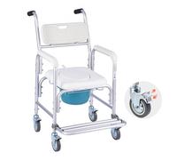 VEVOR Silla de Baño Portátil con Ruedas y Capacidad de 159 kg, 4 en 1, con Asiento Elevado y Respaldo Acolchado, Reposapiés Abatible, Cubo Desmontable de 5 L y Ducha para Personas Mayores, Blanco