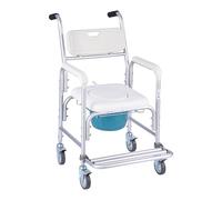 VEVOR Silla de Baño Portátil con Ruedas y Capacidad de 159 kg, 4 en 1, con Asiento Elevado y Respaldo Acolchado, Reposapiés Abatible, Cubo Desmontable de 5 L y Ducha para Personas Mayores, Blanco