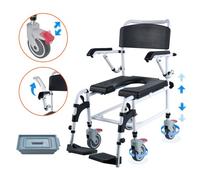 VEVOR Silla de ruedas para inodoro con 4 ruedas de bloqueo, reposapiés, brazos plegables altura ajustable 3 niveles cubo extraíble de 5 litros capacidad de 350 libras para adultos y personas mayores