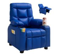 VEVOR Sillón Reclinable Infantil con Portavasos y Bolsillos Respaldo Ajustable 107° a 126° Sofá Reclinable de Piel Sintética Fácil de Limpiar para Sala de Estudio, Guardería, Sala de Juegos, Azul