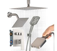 VEVOR Sistema de Ducha, con Ducha de Lluvia 30 cm y la de Mano 4 en 1, Cabezal de Pared 15 cm y el de Lluvia Doble Giratorio 3 Funciones, Válvula de Latón y Kit de Embellecedor, Níquel Cepillado