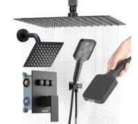 VEVOR Sistema de Ducha Elegante, con Ducha de Lluvia de 30 cm, Cabezal de Pared de 15 cm, Cabezal de Lluvia Doble Giratorio 3 Funciones, Válvula de Latón y Kit de Embellecedor, Color Negro Mate