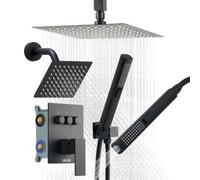 VEVOR Sistema de Ducha, Incluye Ducha de Lluvia de 25,4 cm, Cabezal de Pared de 15,24 cm, Cabezal de Lluvia Doble Giratorio 3 Funciones, Válvula de Latón y Kit de Embellecedor, Color Negro Mate