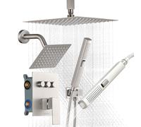 VEVOR Sistema de Grifería, con Ducha de Lluvia 25,4 cm, Cabezal de Pared 15,24 cm, Ducha de Mano 2 en 1, Cabezal de Lluvia Doble Giratorio, Válvula de Latón y Kit de Embellecedor, Níquel Cepillado