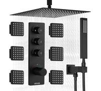 VEVOR Sistema de Grifería, con Ducha de Lluvia 40 cm, 6 Rociadores Corporales, Ducha de Mano 2 en 1, Cabezal de Lluvia Giratorio 3 Funciones, Válvula de Latón y Kit de Embellecedor, Negro Mate