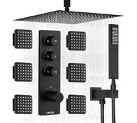 VEVOR Sistema de Grifería, con Ducha de Lluvia 40 cm, 6 Rociadores Corporales, Ducha de Mano 2 en 1, Cabezal de Lluvia Giratorio 3 Funciones, Válvula de Latón y Kit de Embellecedor, Negro Mate