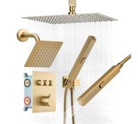 VEVOR Sistema de Grifería, con Ducha de Lluvia de 30 cm, Cabezal de Pared de 15 cm, Ducha de Mano 2 en 1, Cabezal de Lluvia Doble Giratorio, Válvula de Latón y Kit de Embellecedor, Oro Cepillado