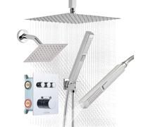 VEVOR Sistema de Grifería, con Ducha de Lluvia de 30 cm, Cabezal de Pared de 15 cm, Ducha de Mano 2 en 1, Cabezal de Lluvia Doble Giratorio 3 Funciones, Embellecedor de Latón, Termostato Cromado