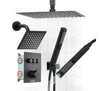 VEVOR Sistema de Grifería, con Ducha de Lluvia de 30 cm, Cabezal de Pared de 15 cm, Ducha de Mano 2 en 1, Cabezal de Lluvia Doble Giratorio, Kit de Embellecedor de Válvula de Latón, Negro Mate