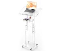 VEVOR Soporte de Podio de Acrílico Transparente Mesa Móvil para Portátil | para Escuelas, Oficinas, Presentaciones, Altura Ajustable 109-118 cm, con Ruedas, Estante de Almacenamiento, Inclinación