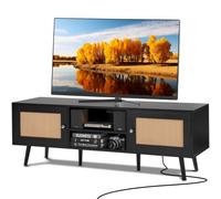 VEVOR Soporte de TV de ratán para TV de 65 pulgadas, soporte de TV Boho con puerta de ratán, centro de entretenimiento con enchufe incorporado y puertos USB, consola de TV moderna para sala de estar, 