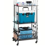 VEVOR Soporte para Cañas de Pescar 10 Postes, Carrito Móvil con Ruedas, Organizador de Equipo de Pesca para Garaje, Hogar, Interior, para Caja de Aparejos, Carrete, Accesorios, 555 x 330 x 860 mm