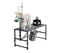 VEVOR Soporte para Ganado, Capacidad de Carga 272 kg, Soporte de Metal para Recorte Ordeño de Cabras Ovejas, con Depósito de Pienso Portaherramientas, Altura Ajustable, Mesa para Esquilar Ganados