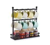 VEVOR Soporte para Tazas de Café para Encimera, con 16 Ganchos y Base de Almacenamiento, 2 Niveles, Acero al Carbono, Versátil, para Exhibición de Tazas en Hogar(Negro Mate), 402 x 150 x 435 mm
