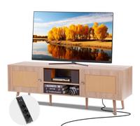 VEVOR Soporte para TV de ratán, moderno soporte para TV de mediados de siglo para TV de 65 pulgadas, mueble para TV de ratán bohemio con enchufe incorporado y puertos USB, estantes ajustables para sal