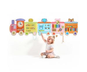 VEVOR Tablero Montessori de Actividades de Pared con Tren, 18 en 1 MDF para Niños, Panel Sensorial con 5 Paneles, Xilófono, Reloj, Engranajes, Cuentas Magnéticas, Cordones, Formas para Guardería, Aula
