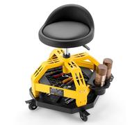 VEVOR Taburete de Taller con Ruedas Capacidad de 150 kg, Taburete Mecánico Altura Ajustable de 50-65 cm, Asiento de Mecánica Giratorio de 360°, con Respaldo, Bandeja para Herramientas, para Garaje