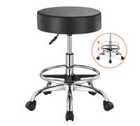 VEVOR Taburete Redondo de Altura Ajustable de 55-71 cm Carga de 204kg, Taburete de Trabajo con Reposapiés, Taburete redondo Giratoria Ergonómica de Cuero de PU para Salón Spa Clínica de Masaje, Negro