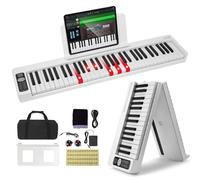 VEVOR Teclado de Piano Plegable 61 Teclas Bluetooth y MIDI Piano Electrónico Digital Portátil con Pedal de Sostenido Teclas Iluminadas Recargable para Principiantes, Adolescentes, Adultos, Blanco