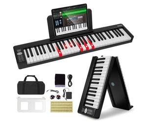 VEVOR Teclado de Piano Plegable 61 Teclas Bluetooth y MIDI Piano Electrónico Digital Portátil con Pedal de Sostenido Teclas Iluminadas Recargable para Principiantes, Adolescentes, Adultos, Negro