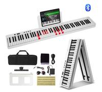 VEVOR Teclado de Piano Plegable 88 Teclas Bluetooth y MIDI Piano Electrónico Digital Portátil con Pedal de Sostenido Teclas Iluminadas Recargable para Principiantes, Adolescentes, Adultos, Blanco