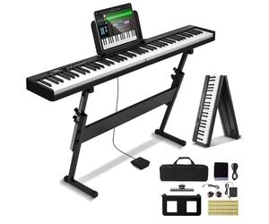 VEVOR Teclado de Piano Plegable 88 Teclas Bluetooth y MIDI Piano Electrónico Digital Portátil Soporte Pedal de Sostenido Teclas Iluminadas Recargable para Principiantes, Adolescentes, Adultos, Negro