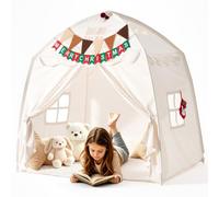 VEVOR Tienda de Campaña para Niños Casa de Juegos 150 x 96 x 150 cm Beige | para Interior y Exterior, Decoración Navideña, con Ventana, Alfombra Acolchada, Banderitas, Bolsa, Marco de Fibra de Vidrio