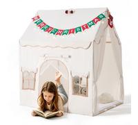 VEVOR Tienda de Campaña para Niños de Madera Casa de Juegos Infantil Beige | para Dormitorio, Sala de Estar, Fiestas, Casita con Puertas, Ventanas y Alfombra Acolchada, Decoración de Luces y Banderitas