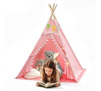 VEVOR Tienda de Campaña Tipi para Niños de Madera y Lienzo de Algodón Rosa | Casita de Juegos para Fiestas, con Ventanas, Luces de Estrella, Banderitas, Bolsa de Almacenamiento y Puerta con Pompones