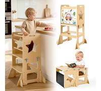 VEVOR Torre de Aprendizaje Montessori Plegable para Niños Multifuncional, Juego de Mesa y Silla Infantil de Madera, Convertible, con Pizarra Desmontable Barras de Seguridad, para Comer Jugar Dibujar