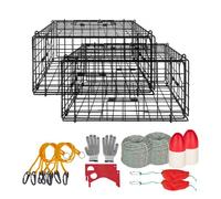 VEVOR Trampa para Cangrejos Cuadrada 2 Piezas, 62 x 62 x 30 cm, Trampa de Red de Pesca Malla de Alambre Recubierta de PVC, con Medidor, Flotador, Cuerda con Núcleo de Plomo de 30 m y Guantes