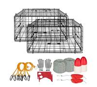 VEVOR Trampa para Cangrejos Cuadrada 2 Piezas, 62 x 62 x 30 cm, Trampa de Red de Pesca Malla de Alambre Recubierta de PVC, con Medidor, Flotador, Cuerda con Núcleo de Plomo de 30 m y Guantes