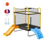 VEVOR Trampolín Infantil Cama Elástica para Niños Rectangular Carga 60 kg, con Red de Seguridad, Toboganes y Aro de Baloncesto, Marco de Tubos Galvanizados, Lona de Salto de PP, Regalo de Cumpleaños