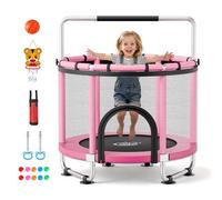 VEVOR Trampolín Infantil Cama Elástica para Niños Redondo 142x160 cm Rosa, Carga de 60kg, con Red de Seguridad, Barra de Gimnasia, Marco de Tubos Galvanizados, Lona de Salto de PP, Patas con Ventosas
